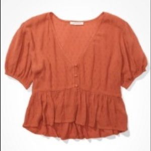 American Eagle short sleeve cropped button top (dark nude)